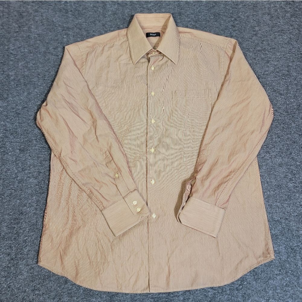 Hugo Boss Men’s Dress Shirt 16 34/35 Orange Red Pinstripe Long Sleeve Cotton